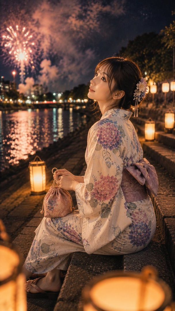 A young woman in a floral yukata sits on steps by a river at night, watching fireworks, with lanterns illuminating the scene.