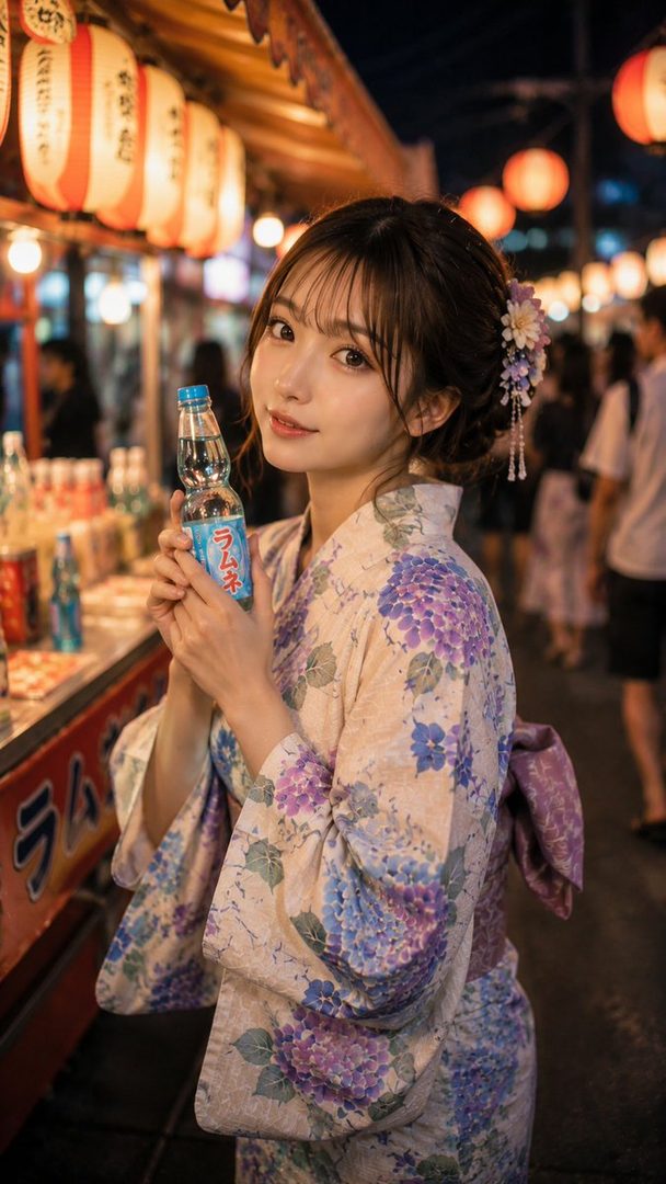 A young woman in a traditional Japanese yukata holds a bottle of Ramune soda at a night festival.