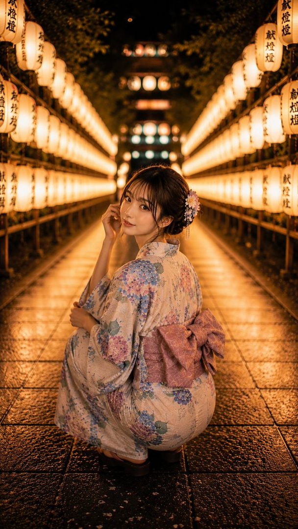 A young woman in a floral kimono crouches on a wet path lined with glowing lanterns at night.