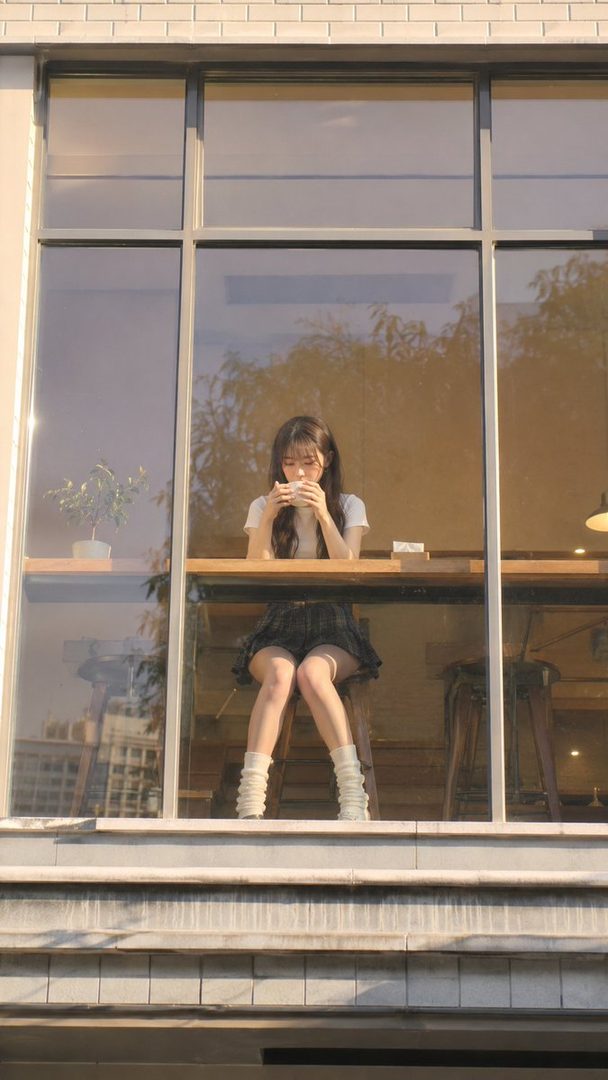 A young woman with long dark hair sits at a table by a large window, holding a cup and looking down.