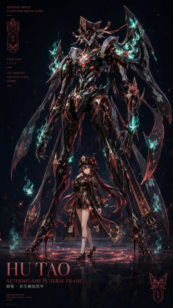 AI-generated portrait of Hu Tao from Genshin Impact, standing beside a giant mecha, dark fantasy aesthetic.