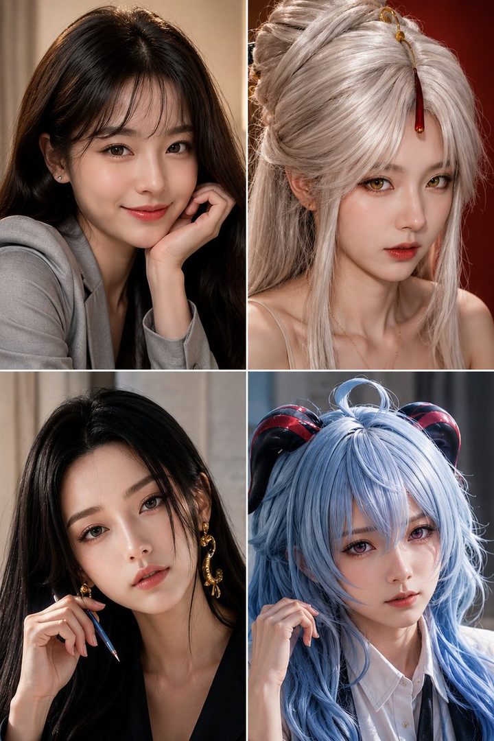 A collage of four AI-generated portraits of East Asian women, showcasing different hairstyles, makeup, and styles, including professional, fantasy, and anime-inspired looks.