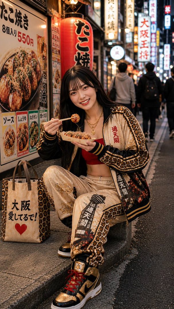 A young East Asian woman with long black hair, wearing a stylish bomber jacket and pants with Japanese text and leopard print, sits on a street curb in a bustling Japanese city at night, eating takoyaki.