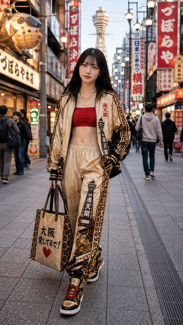 A young woman in a stylish, matching tracksuit with leopard print accents and a red crop top walks down a bustling street in Osaka, Japan, holding a leopard-print tote bag.