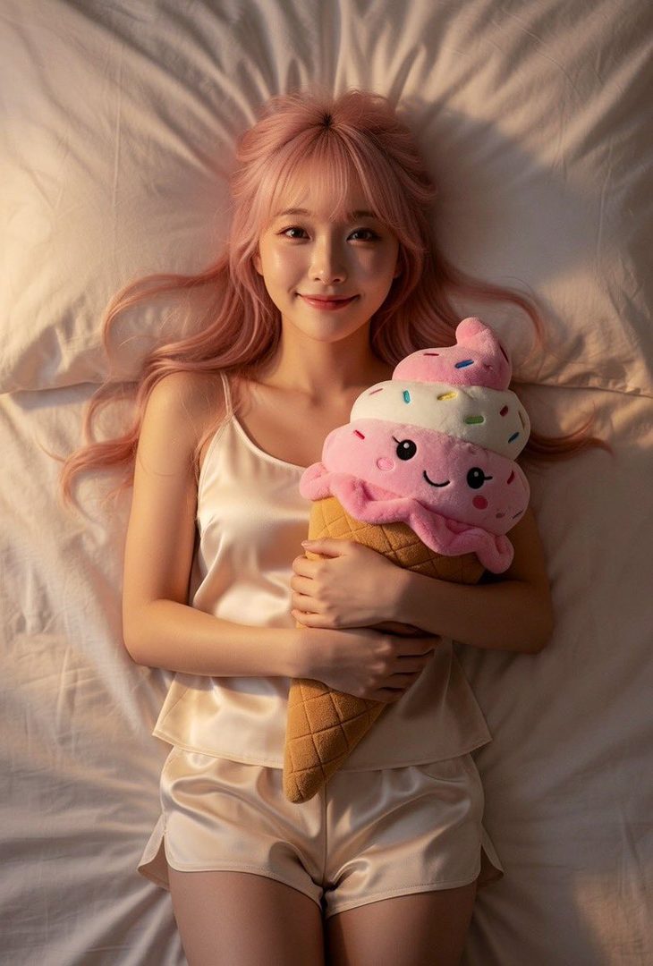 A young woman with long pink hair lying on a bed, holding a plush ice cream cone.