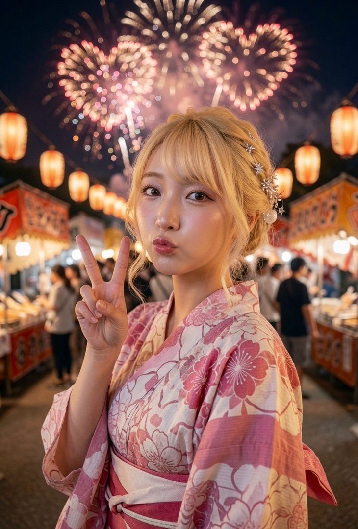A young woman with blonde hair wearing a pink floral kimono poses with a peace sign in front of a fireworks display and a street festival at night.