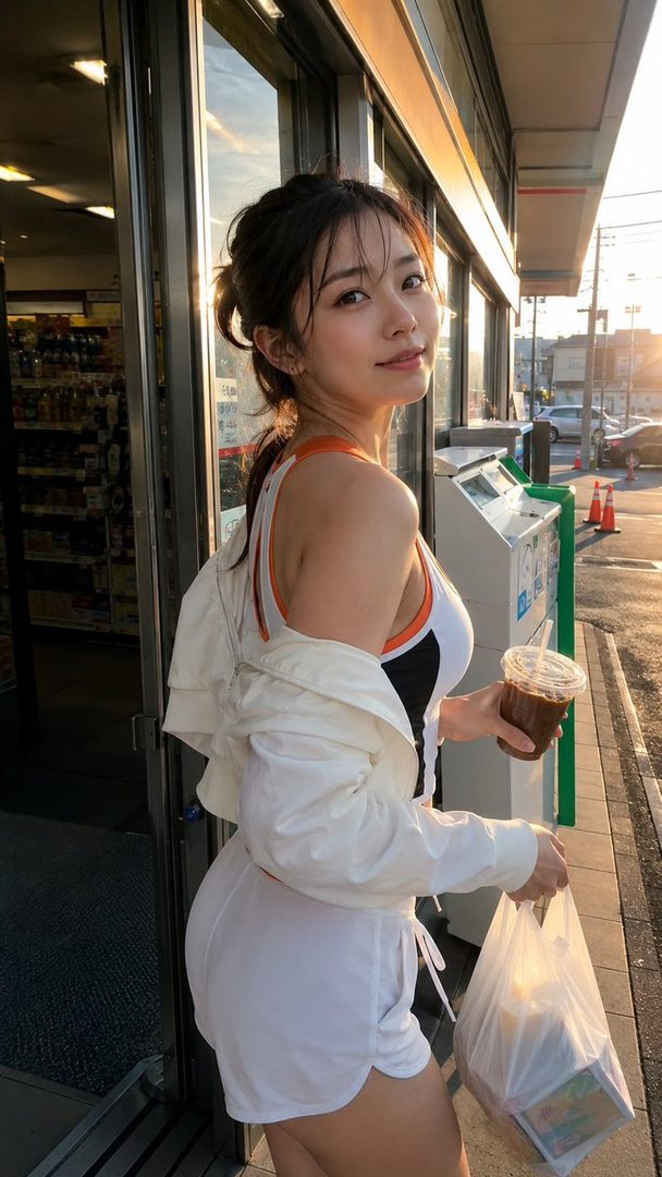 A young woman with her hair in a messy bun, wearing athletic shorts and a tank top, holds an iced coffee and a shopping bag outside a convenience store at sunrise.