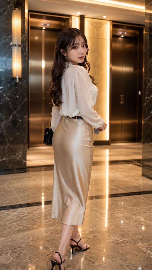 A woman in a white blouse and gold satin skirt poses indoors, looking over her shoulder.