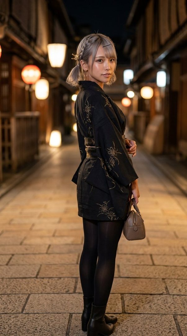 A woman in a black yukata with gold embroidery and black tights stands on a cobblestone street at night, holding a small handbag.