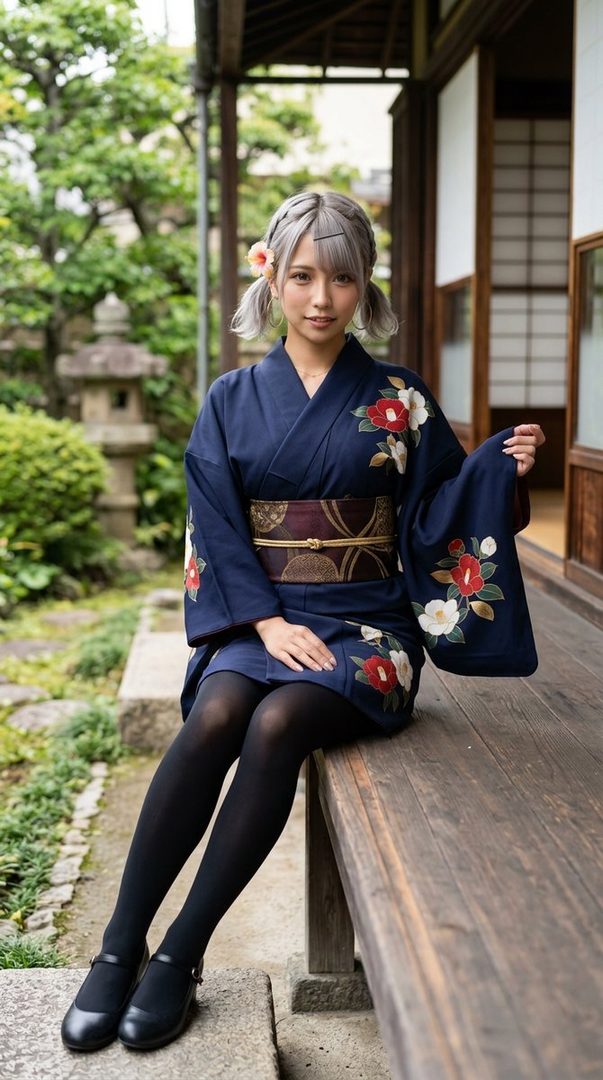 A young woman with silver hair styled in twintails, wearing a dark blue yukata with floral patterns and black tights, posing in a traditional Japanese garden.