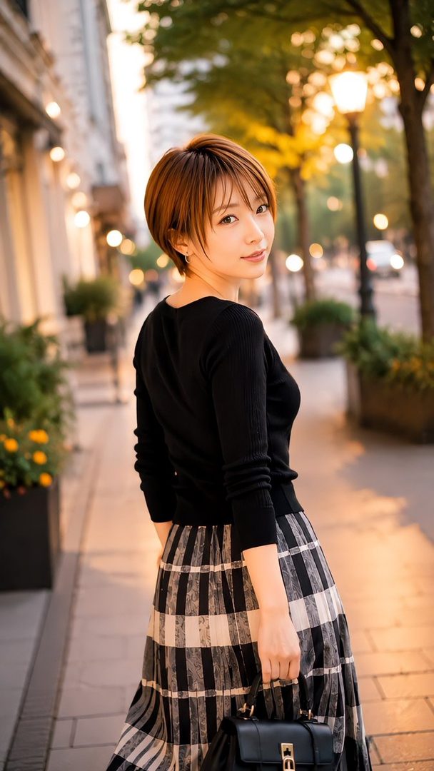 A young Japanese woman with short brown hair, wearing a black sweater and a plaid skirt, walks down a city street in the golden hour.