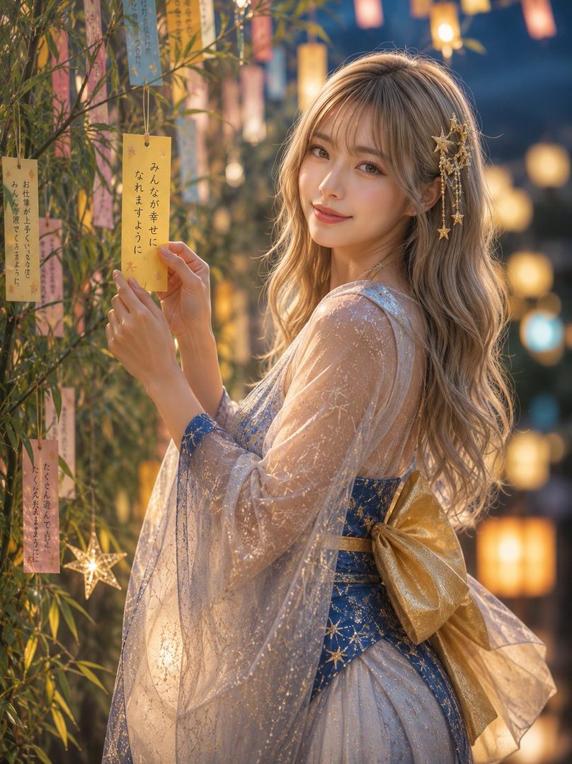A beautiful young woman with blonde hair, wearing a sparkling blue and gold dress, holds a wish paper on a Tanabata tree.
