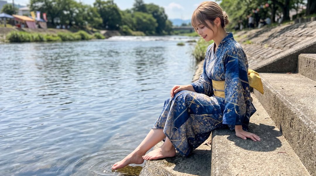A young woman in a blue and gold yukata sits by a river, dipping her feet in the water.