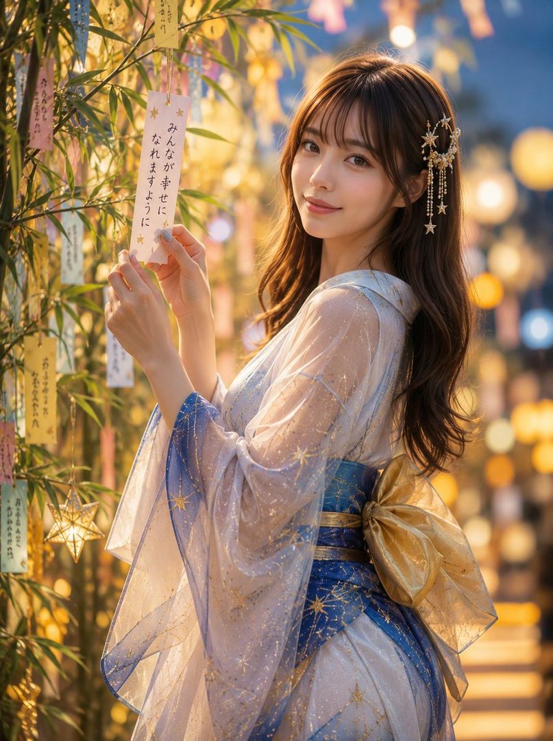 A beautiful young woman in a traditional Japanese outfit with star patterns, holding a Tanabata wish paper.