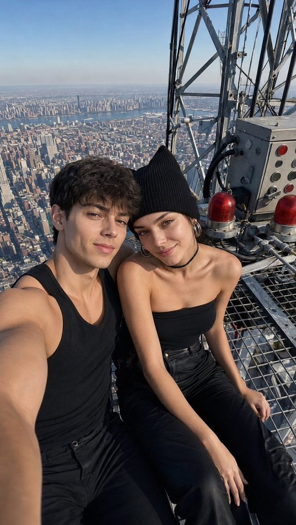 A young couple takes a selfie on a high skyscraper platform overlooking a city skyline.