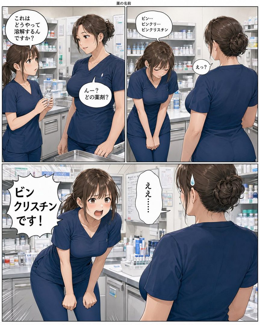 Two female pharmacists in blue scrubs in a pharmacy, one asking the other how to dissolve a medication.