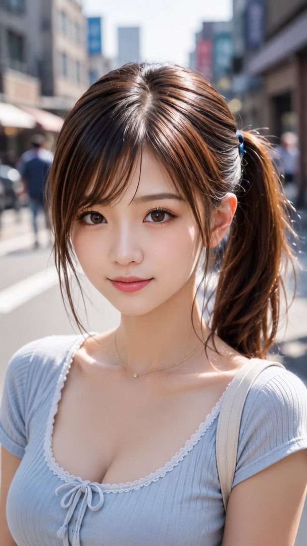 A photorealistic portrait of a young East Asian woman with brown hair in a ponytail, wearing a light blue top, standing on a city street.