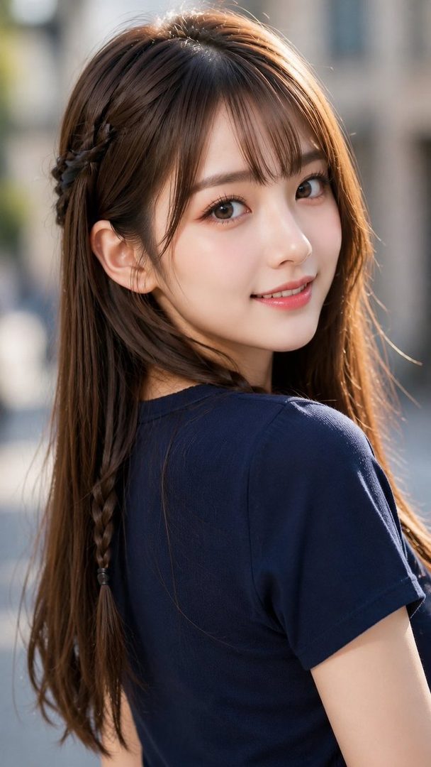 A photorealistic portrait of a young East Asian woman with long brown hair styled with braids and bangs, wearing a navy blue t-shirt, smiling gently outdoors.