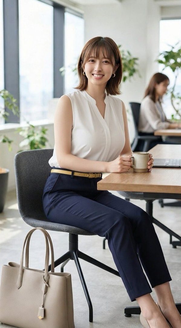A smiling East Asian woman in a white sleeveless blouse and navy pants sits at a desk in a modern office, holding a mug.