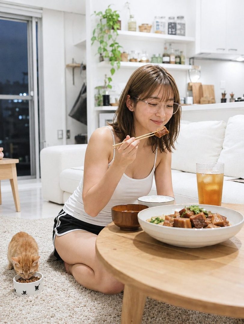 A young woman with short brown hair and glasses is eating pork belly stew at home, with a cat eating from its bowl nearby.