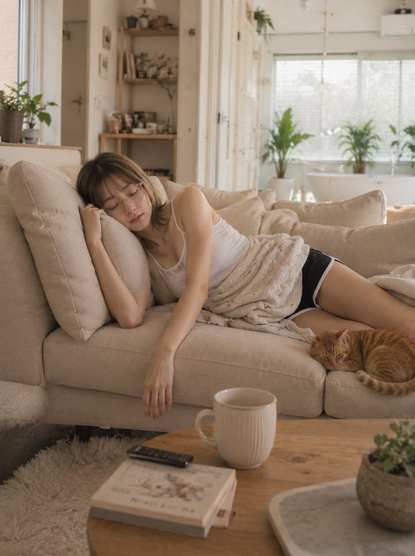 A young woman with glasses sleeps peacefully on a sofa, covered by a blanket, with a cat sleeping nearby.