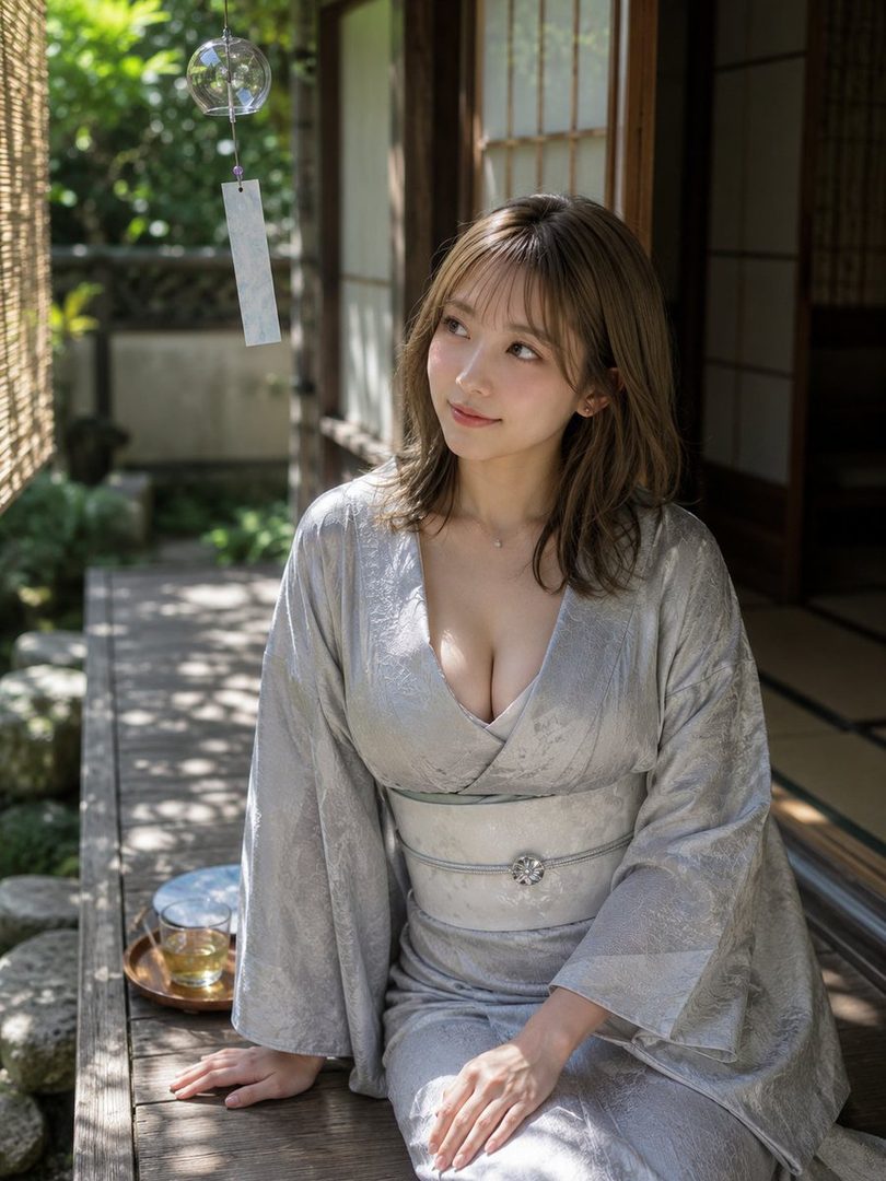 A Japanese woman in a silver kimono sits on a wooden veranda, looking to the side with a gentle expression. A wind chime hangs nearby, suggesting a summer evening.