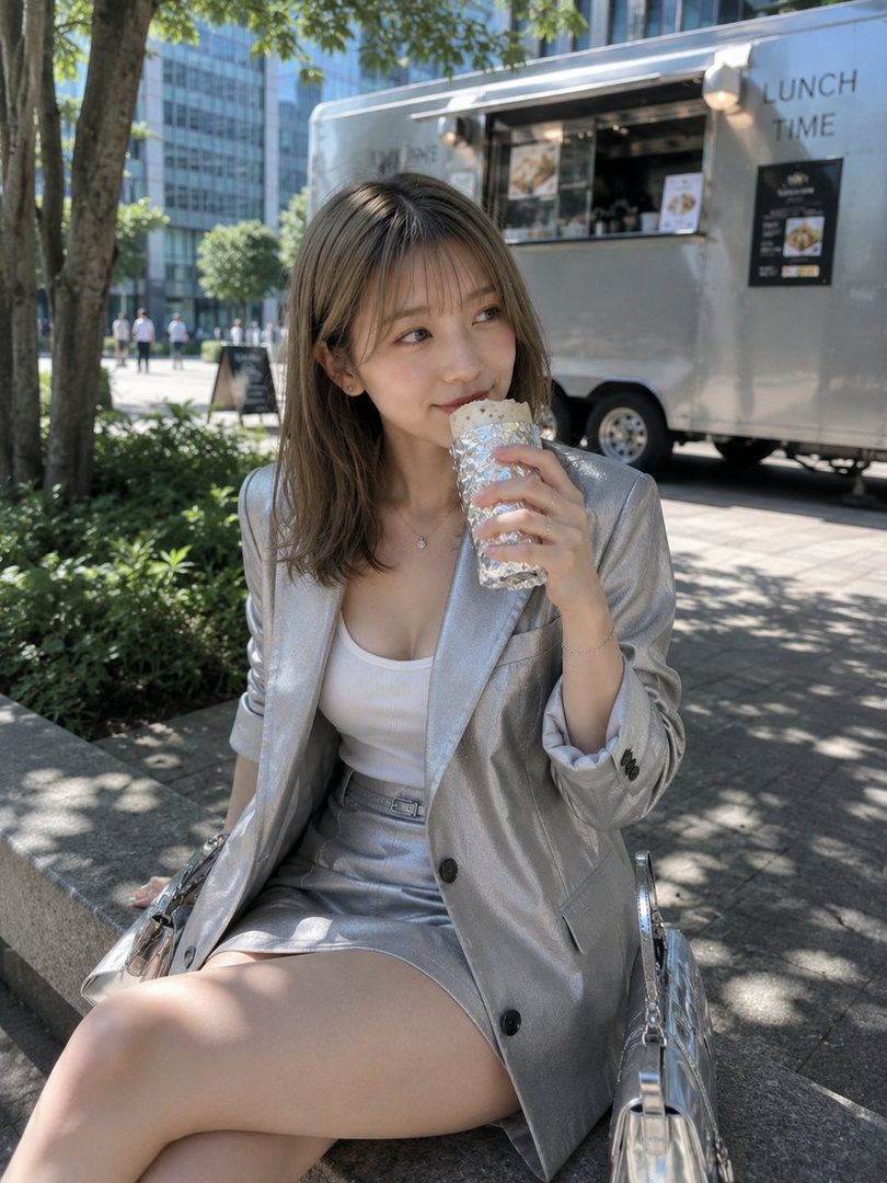 A young East Asian woman in a silver suit sits on a bench outside an office building, eating a wrap from a food truck.