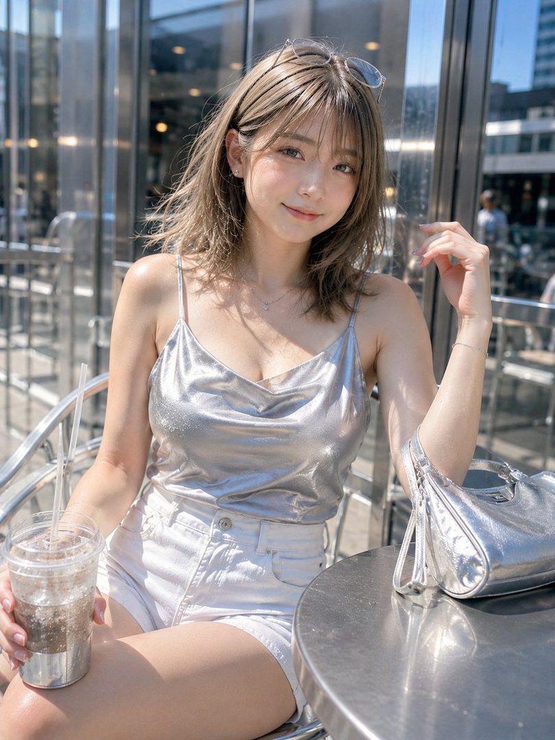 A young East Asian woman with shoulder-length brown hair, wearing a silver metallic camisole and white denim shorts, sits outdoors holding a drink.