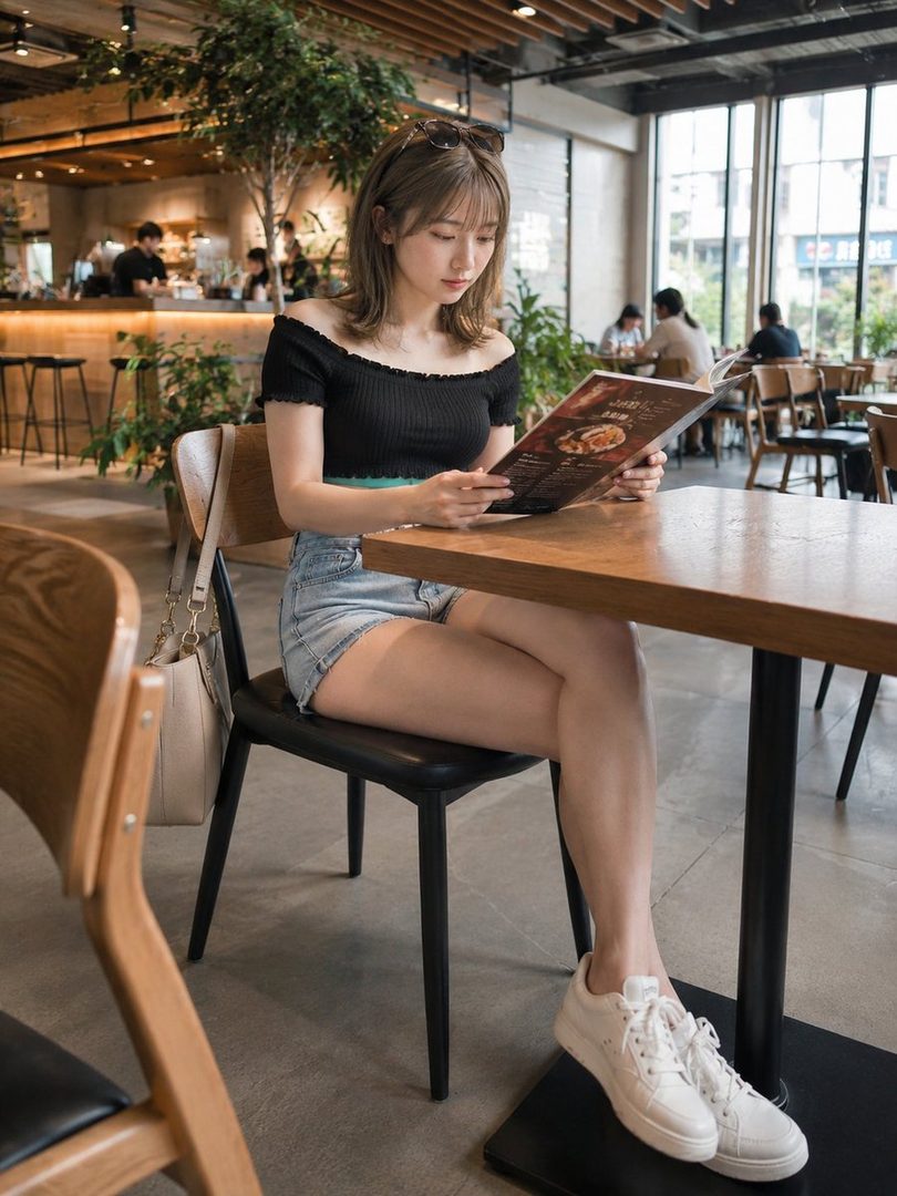 A young East Asian woman with short brown hair and bangs, wearing a black off-shoulder top and denim shorts, sits at a wooden table in a cafe, looking at a menu.
