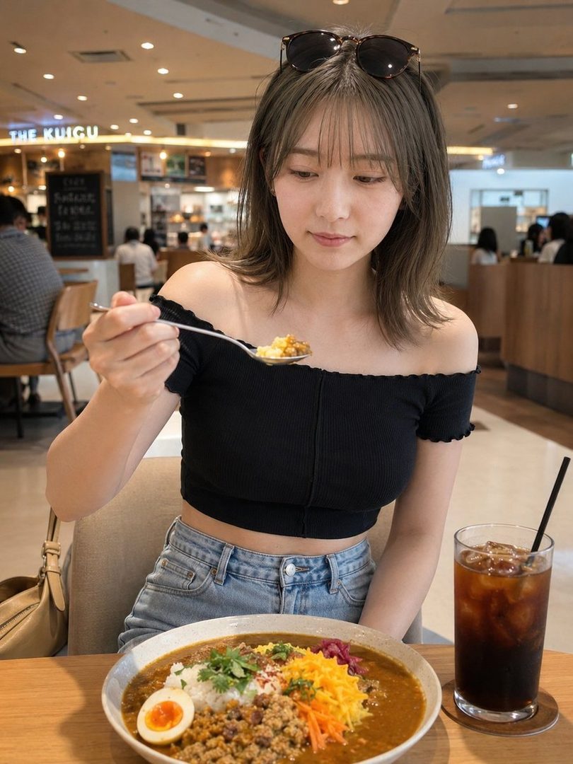 A young East Asian woman with short brown hair and bangs, wearing an off-the-shoulder black crop top and denim shorts, eats curry with a spoon in a cafe.