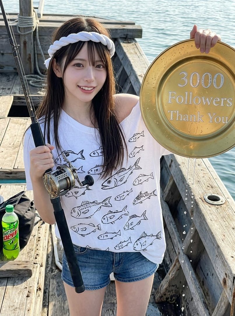 A young woman with long dark hair and a white headband smiles at the camera while holding a fishing rod and a gold plate that says '3000 Followers Thank You'. She is wearing a white t-shirt with fish prints and denim shorts, standing on a wooden boat deck.