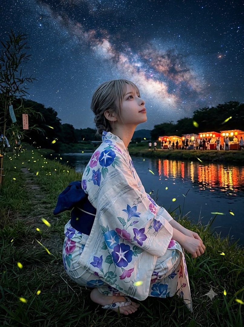 A young woman in a yukata gazes up at the starry night sky with fireflies around her.