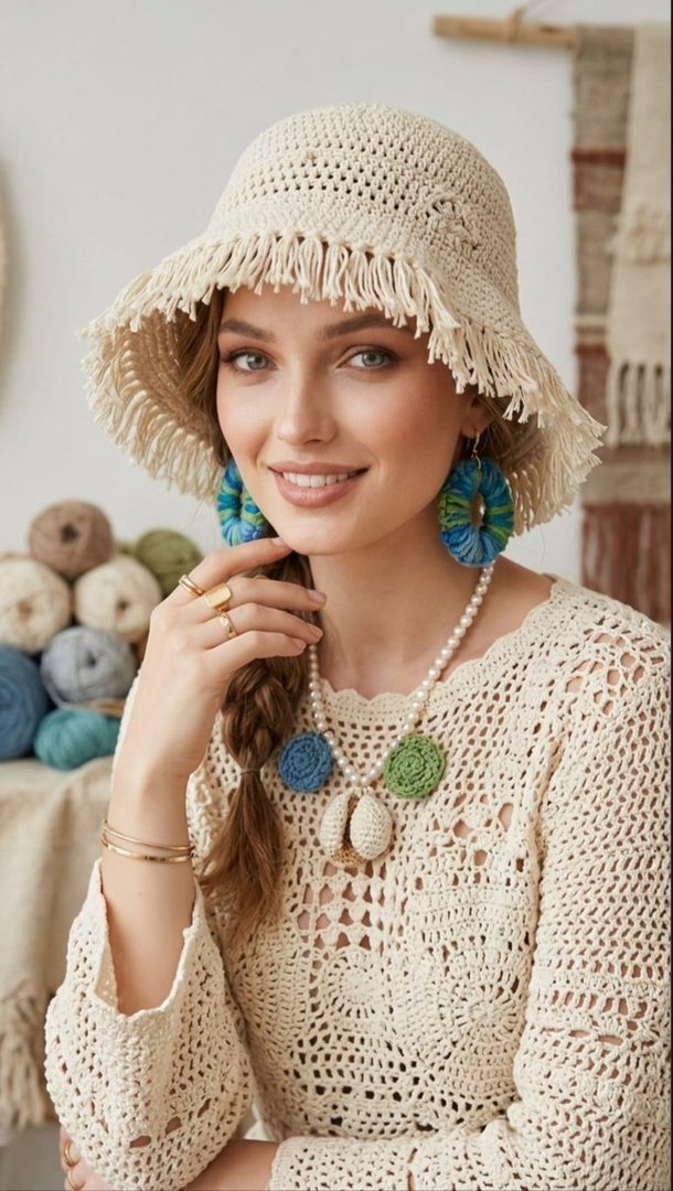 A young woman with blonde hair in a braid, wearing a crocheted hat and top, with large colorful earrings and a pearl necklace.