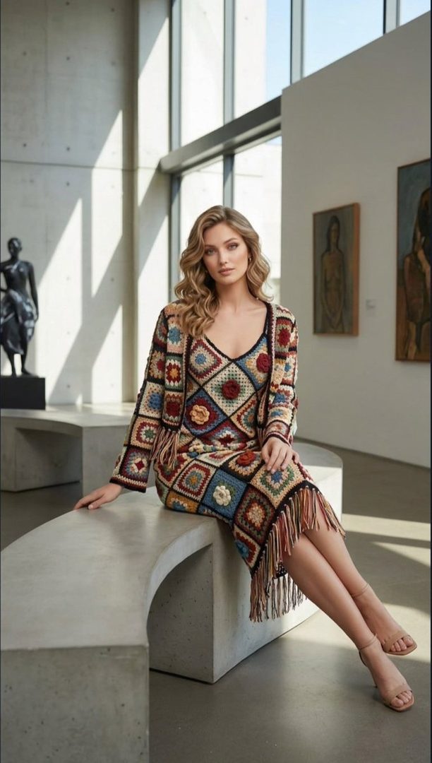 A woman with long blonde hair sits on a concrete bench in a modern art gallery, wearing a colorful crochet dress and cardigan.