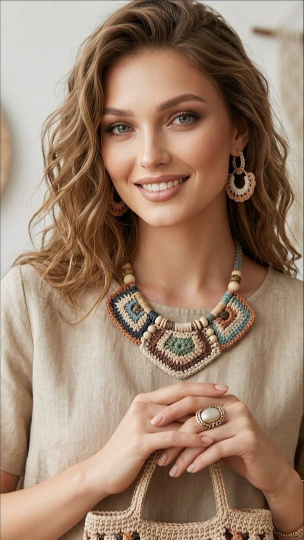 A beautiful woman with wavy blonde hair, wearing a crochet necklace and earrings, smiles gently.
