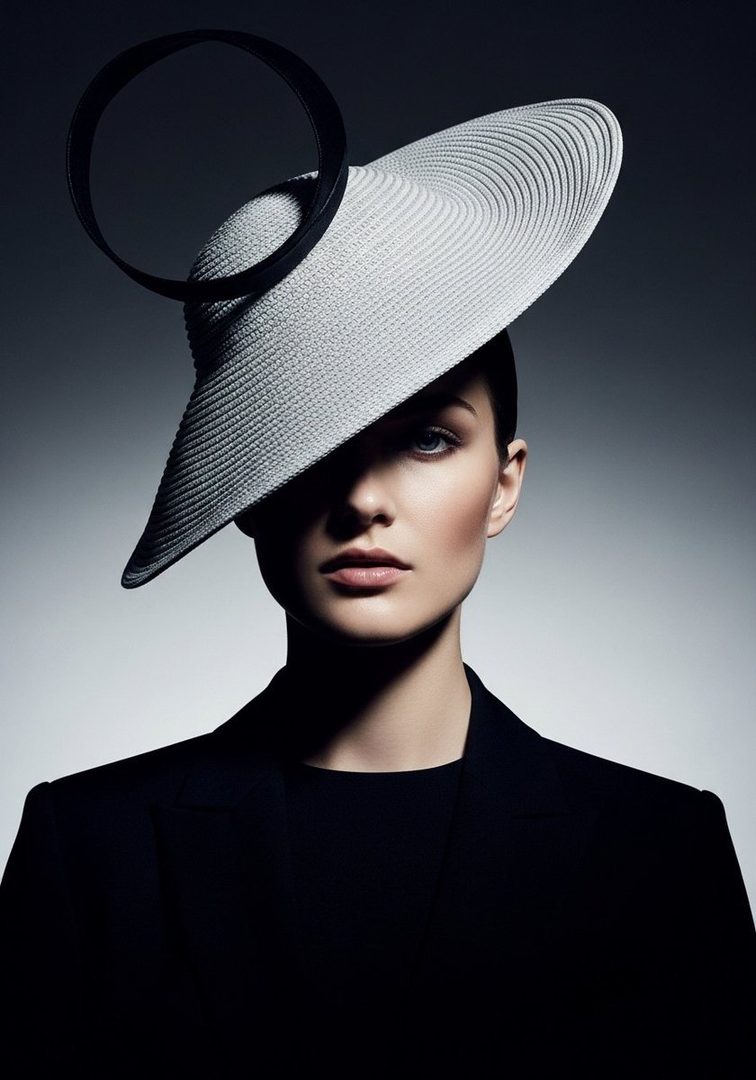 A striking studio portrait of a woman wearing a large, wide-brimmed white hat with a black band, and a black blazer. Her face is partially obscured by the hat, creating a dramatic and elegant look.