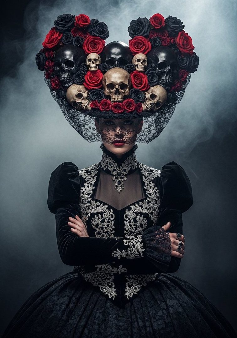 A woman in a black Victorian-style dress and an elaborate hat adorned with skulls and red and black roses, posing with her arms crossed.