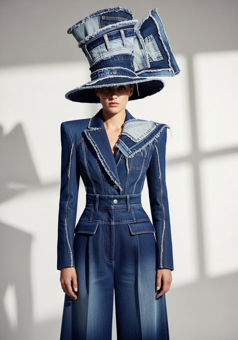 A woman wearing a dramatic denim suit and a large, avant-garde denim hat, posing in a studio setting.
