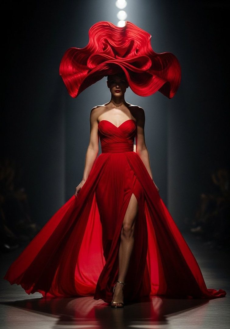 A model walks down a runway wearing a dramatic red gown and a large, sculptural red hat.