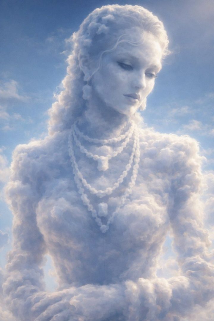 A photorealistic portrait of a woman made of clouds, adorned with pearl necklaces, against a backdrop of a blue sky with scattered clouds.