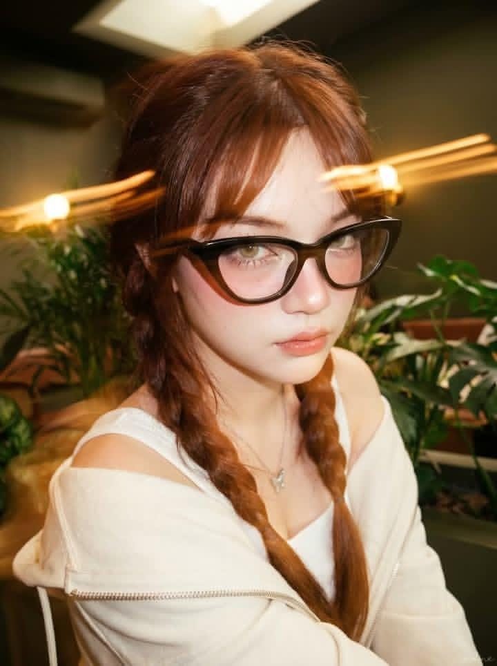 A beautiful young woman with auburn braided hair and glasses, wearing a white top and hoodie, poses in a cozy indoor cafe.