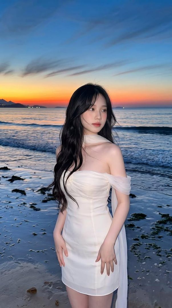 Ultra-realistic portrait of a beautiful young East Asian woman in an elegant white dress on a beach at sunset.