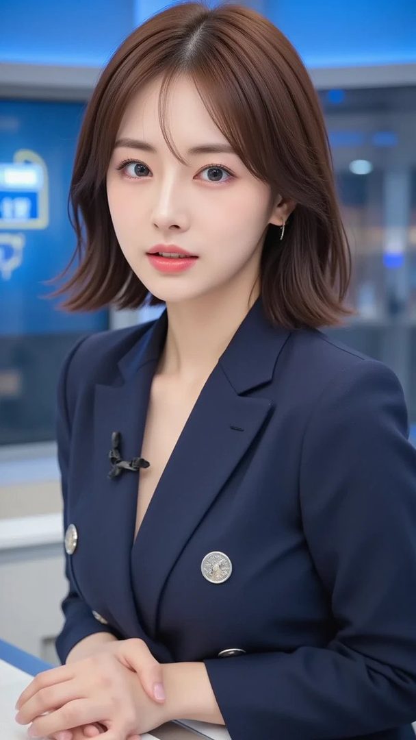 A photorealistic AI-generated portrait of a young East Asian woman with short brown hair, wearing a dark blue suit jacket, posing indoors.