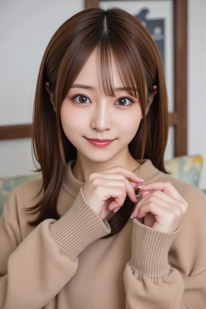 A photorealistic AI portrait of a young East Asian woman with long brown hair and bangs, wearing a beige sweater, looking at the camera with a gentle smile.