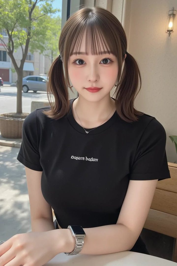 A photorealistic AI portrait of a young East Asian woman with brown hair in twintails, wearing a black t-shirt and a silver watch, sitting outdoors.
