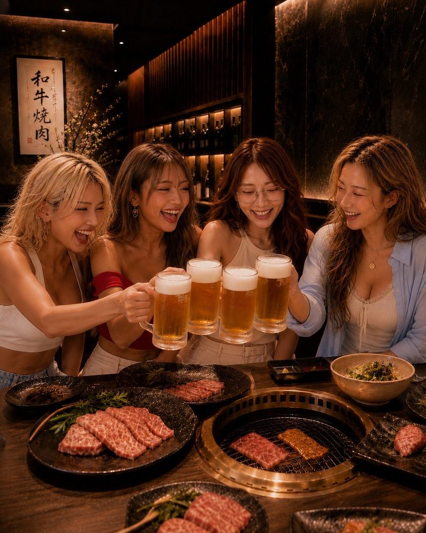 Four young women with blonde and brown hair, laughing and toasting with mugs of beer at a table with raw meat and a grill, in a dimly lit restaurant.
