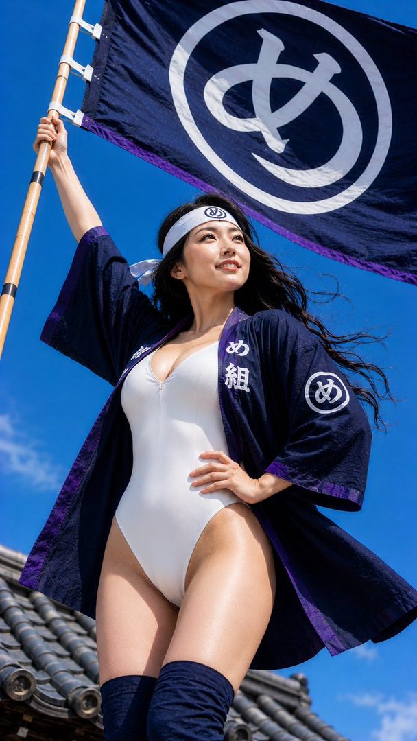 A Japanese woman in a white swimsuit and traditional dark blue happi coat holds a large flag with Japanese characters, standing outdoors under a blue sky.