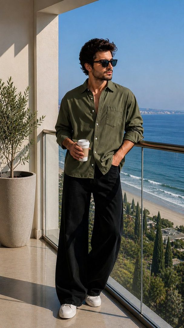A handsome man in an olive-green shirt and black pants stands on a balcony overlooking the ocean, holding a coffee cup.