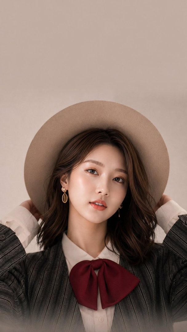 Studio portrait of a young East Asian woman with wavy brown hair, wearing a beige hat, blazer, and burgundy bow tie.