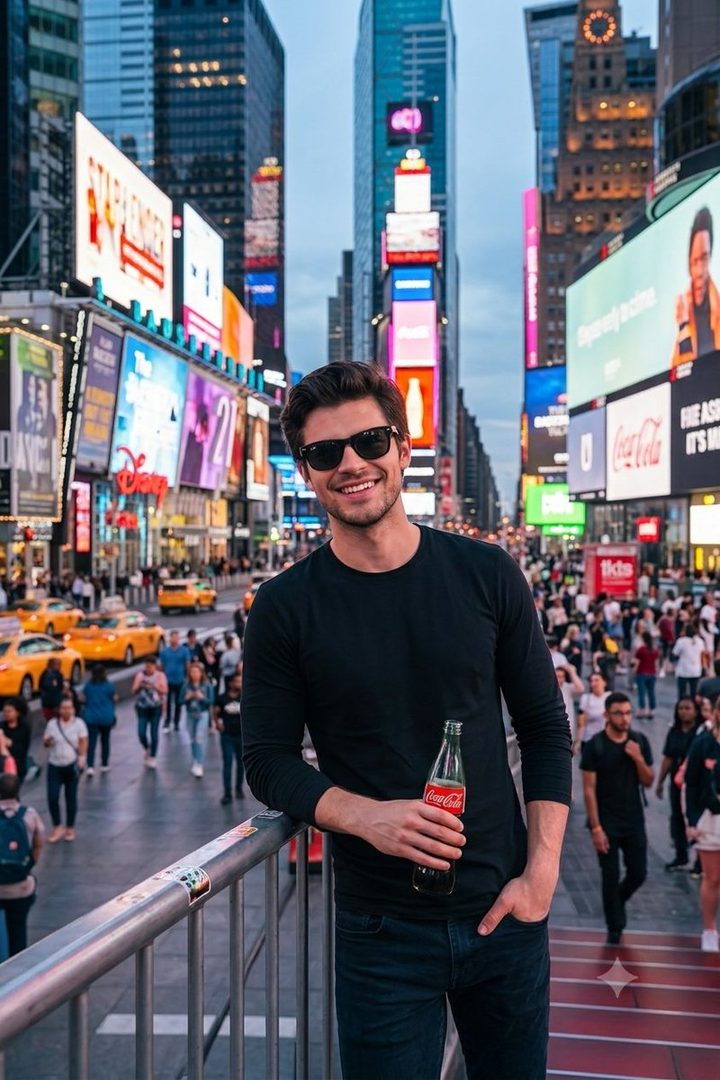 A smiling man in sunglasses holds a Coca-Cola bottle in Times Square, New York City.
